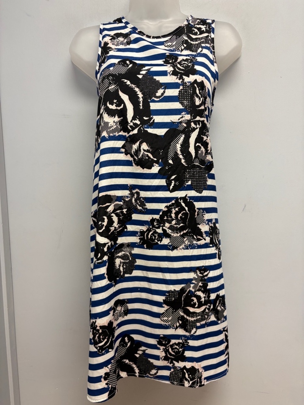 Leyden Striped Floral Sleeveless Dress Blue White Black Shift Dress XS Made USA